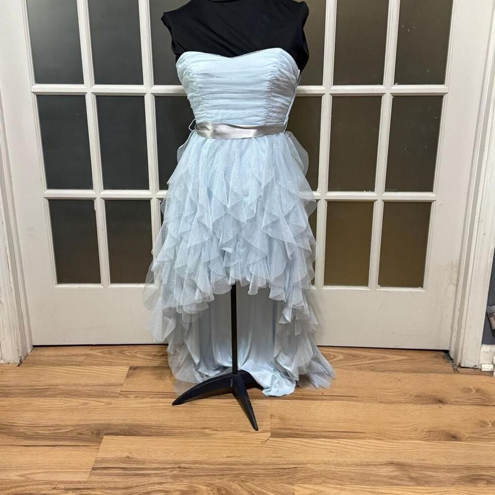 Y2K Teeze Me Ice Blue Strapless Glitter Tulle Hi-Low Homecoming Dress
